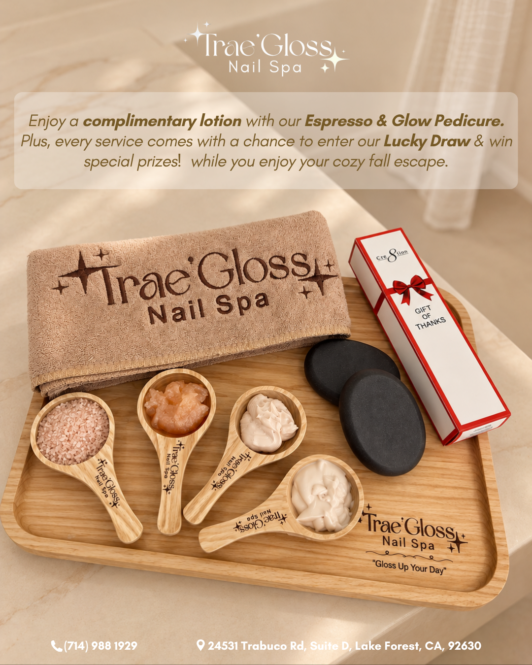 Trae'Gloss Nail Spa complimentary lotion and Lucky Draw poster with spa towel and wooden treatment tray