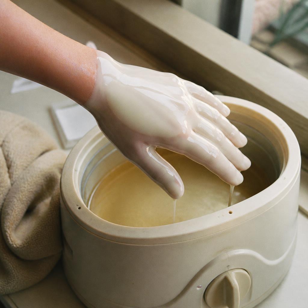Hand mid paraffin wax dip, creamy wax coating the fingers