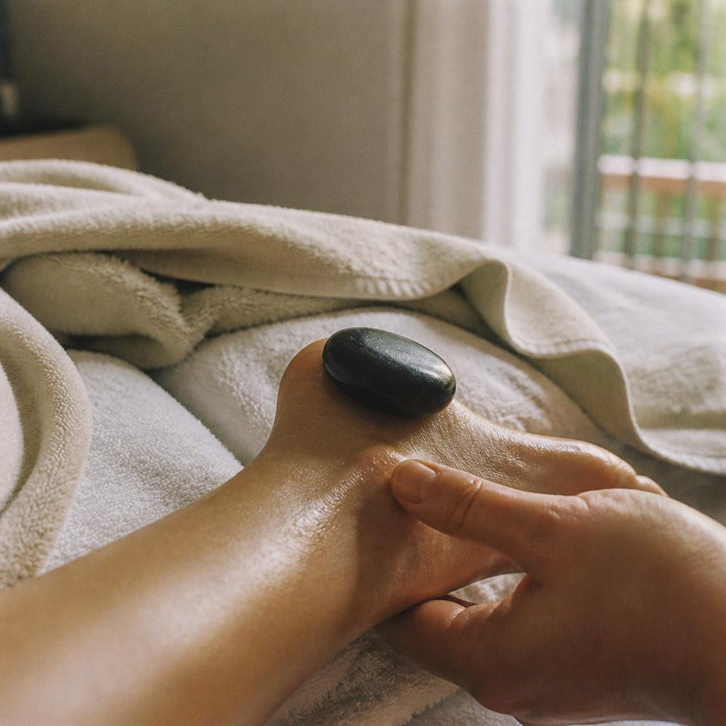 Hot stone resting on a foot mid-massage in warm towels