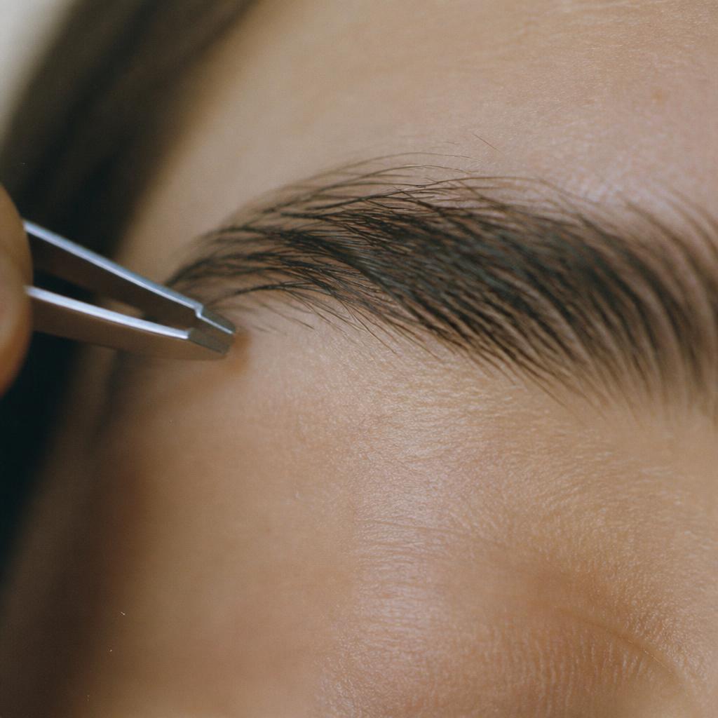 Close-up of an eyebrow mid-shaping with tweezers