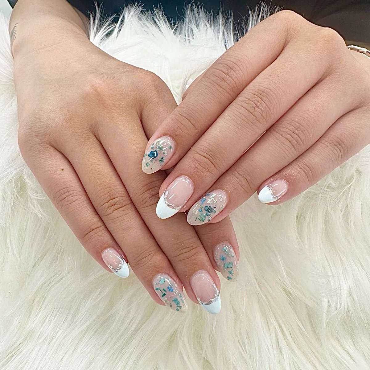 French tips with pressed floral inlay art
